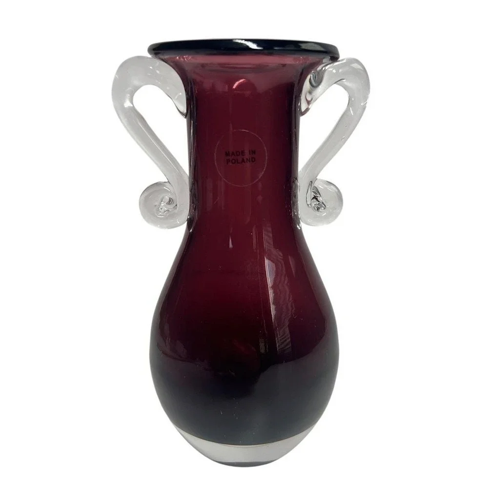 Vintage Amethyst Purple Glass Vase Made in Poland Clear Scroll Handles 6 In. MCM